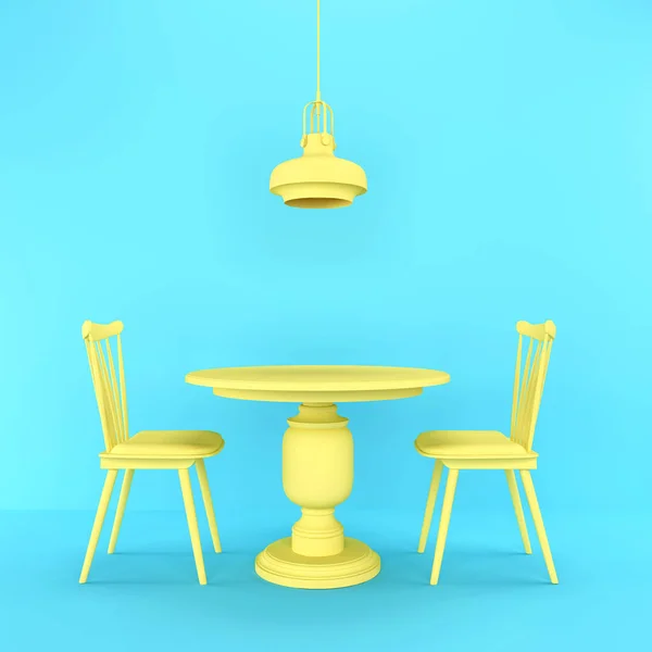 明るい3Dインテリア カフェ ホームダイニング ロマンス 2人用の黄色のテーブル 2つの椅子と青い壁に対して天井ランプ 家具3D 家具のアイコン ウェブページ プレゼンテーション — ストック写真