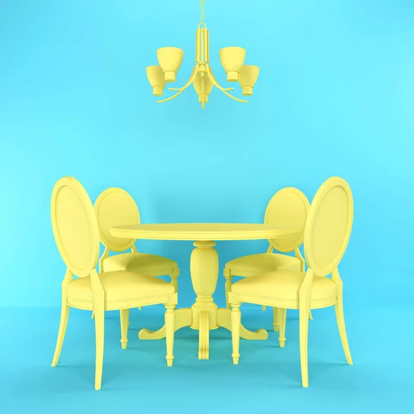 Bright 3D interior. Cafe, home dining. A yellow round table, four chairs and a ceiling lamp against a blue wall. Furniture 3d. Furniture icon. 3d rendering for web page, presentation or image backgrou