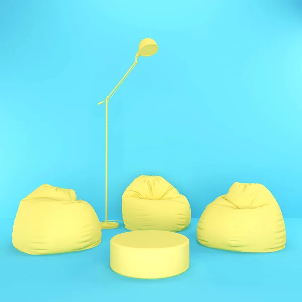 Bright Interior Yellow Puff Bags Tall Modern Floor Lamp Blue — Stock Photo, Image