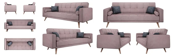 Realistiske Rosa Seter Trekker Sofa Fra Forskjellige Vinkler Mat Polstring – stockfoto
