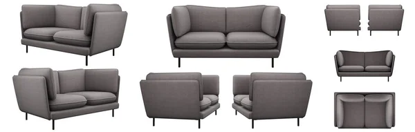 Realistisches Graues Sofa Aus Verschiedenen Blickwinkeln Sofaprojektionen Für Design Collage — Stockfoto
