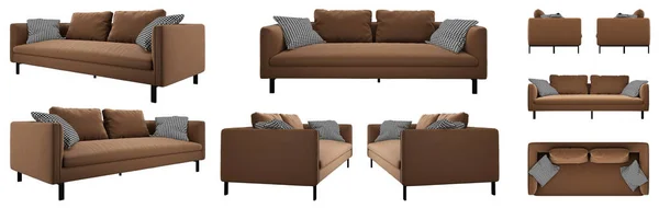Realistisk Brun Tre Seters Sofa Fra Forskjellige Vinkler Polstringslær Sofa – stockfoto