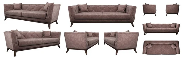 Realistische Gewatteerde Bruine Bank Vanuit Verschillende Hoeken Sofa Projecties Voor — Stockfoto