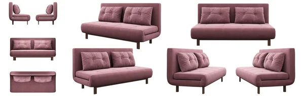 Realistisk Rosa Liten Dobbelseng Fra Ulike Vinkler Polstrede Matchenille Sofa – stockfoto