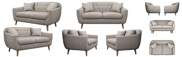 紧凑型双沙发斯德哥尔摩 中性乳白色 面料室内装潢 在白色背景上从不同角度来看索法 — 图库照片