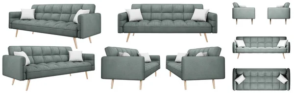 时尚的现代淡绿色马德里沙发床 索法被巨大的体积正方形盖住了 索法床白色背景上沙发的几个角度 — 图库照片