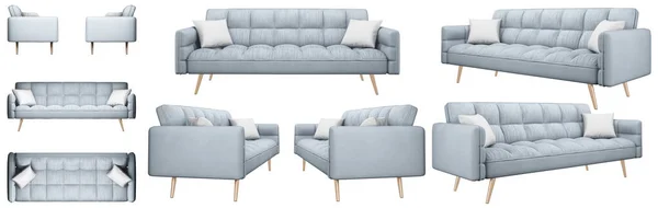 时尚的现代马德里沙发床在淡蓝色 沙发上铺着巨大的体积正方形 索法床沙发的几个角度在白色的背景上 现实的形象 — 图库照片