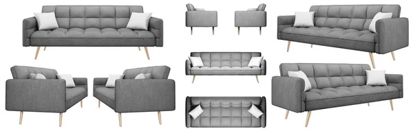 时尚的现代马德里沙发床在灰蒙蒙的灰蒙蒙中 沙发上铺着巨大的体积正方形 索法床沙发的几个角度在白色的背景上 现实的 — 图库照片