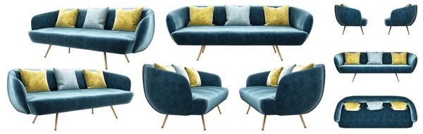Stilvolles Modernes Sofa Auf Dünnen Beinen Blaues Samtsofa Mehrere Ecken — Stockfoto