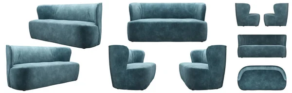 Realistische Stijlvolle Design Blauwe Bank Sofa Vanuit Verschillende Hoeken Sofa — Stockfoto