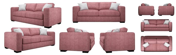 Ρεαλιστικό Παστέλ Ροζ Διπλό Καναπέ Καναπές Από Διαφορετικές Γωνίες Καναπές — Φωτογραφία Αρχείου