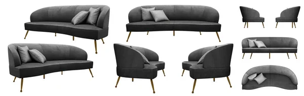 細い足にスタイリッシュなモダンなダークグレーのソファ 別の角度からソファ デザイン コラージュ バナーのソファ予測 現実的なイメージ — ストック写真