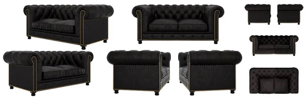 Stilvolles Klassisches Leder Gestepptes Schwarzes Sofa Sofa Aus Verschiedenen Perspektiven — Stockfoto