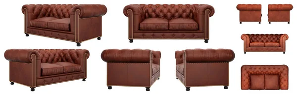 Stijlvolle Klassieke Leren Quilted Rode Bank Sofa Vanuit Verschillende Hoeken — Stockfoto