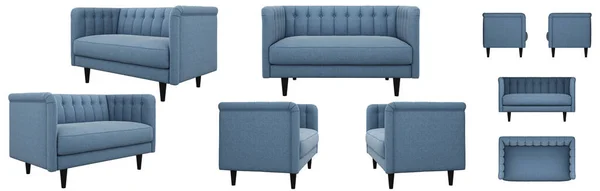 现实的蓝色小沙发 经典风格的面料沙发 索法从不同的角度 用于设计 横幅的索法投影 — 图库照片