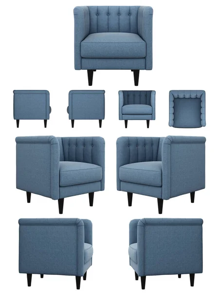 現実的な青の柔らかいアームチェア クラシックなスタイルのファブリック張りのアームチェア 別の角度から柔らかい椅子 デザイン コラージュ バナーのアームチェア予測 — ストック写真