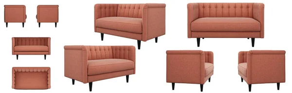 现实的橙色小沙发 经典风格的面料沙发 索法从不同的角度 用于设计 横幅的索法投影 — 图库照片