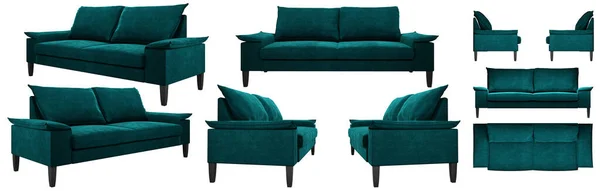 Stilvolles Modernes Dunkelgrünes Sofa Mit Originellen Armlehnen Smaragdfarbenes Samtsofa Mehrere — Stockfoto