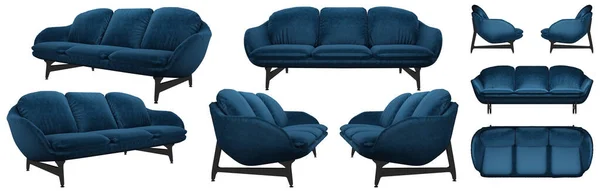 Elegante Sofá Azul Redondeado Moderno Sofá Terciopelo Azul Varios Ángulos — Foto de Stock