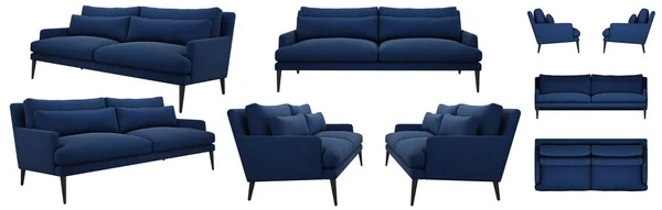 細い足を持つスタイリッシュな現代的な青のソファ 白い背景にソファのいくつかの角度 — ストック写真