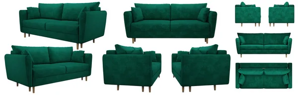 モダンな美しい濃い緑のベルベットのソファ 白い背景にソファのいくつかの角度 現実的なイメージ 3Dレンダリング — ストック写真
