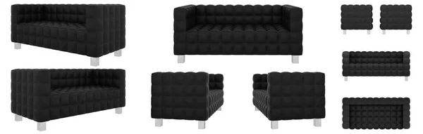 Modern Black Leather Sofa Sofa Quilted Large Squares Office Sofa — Stock Photo, Image
