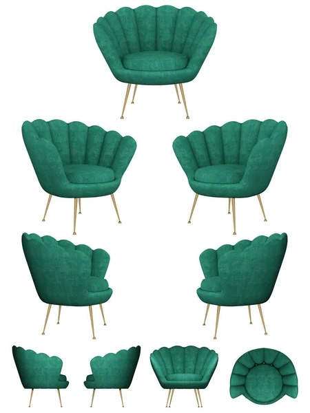 Elegante Sedia Imbottita Verde Scuro Moderna Forma Fiore Velluto Smeraldo — Foto Stock