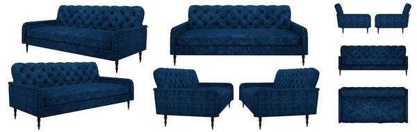 Elegante Sofá Azul Acolchado Moderno Con Patas Delgadas Material Terciopelo —  Fotos de Stock