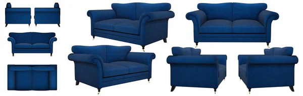 老式经典沙发 蓝色天鹅绒沙发 索法从不同的角度 索法投影设计 现实的形象 — 图库照片