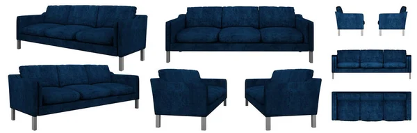 Tyylikäs Moderni Tikattu Sininen Sohva Jalat Materiaali Sininen Sametti Useita — kuvapankkivalokuva