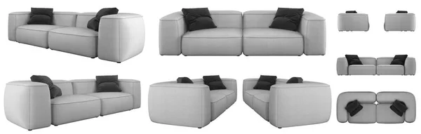モダンなスタイリッシュなライトグレーの大きなソファ 布張りのソファ 別の角度からソファ デザイン コラージュ バナーのソファ予測 現実的なイメージ — ストック写真