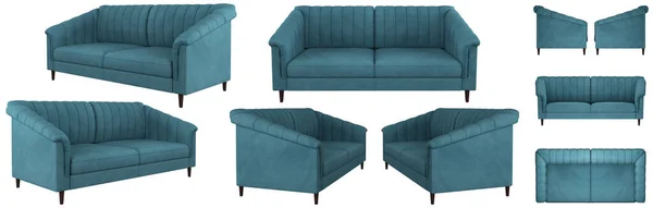 Snygg Vacker Soffa Med Ben Klassisk Modern Stil Blå Sammetssoffa — Stockfoto