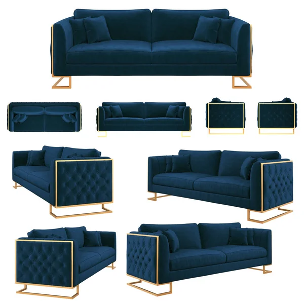 时尚的现代经典蓝色沙发 原初长方形金腿 天鹅绒沙发索法从不同的角度 索法投影设计 现实的形象 — 图库照片