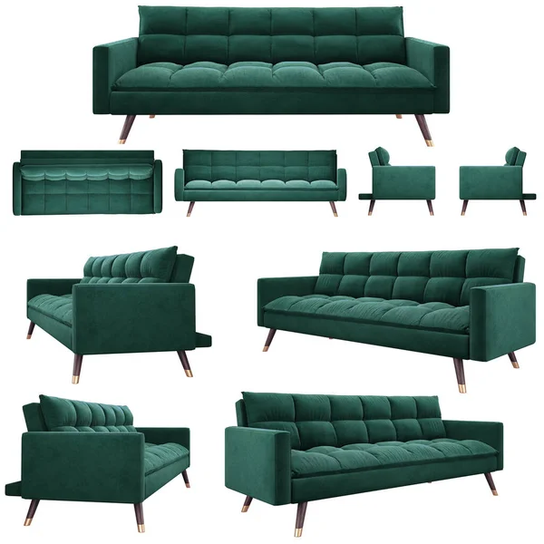 美丽的深绿色Felicity沙发床与微天鹅绒室内装饰 沙发的几个角度在白色的背景上 别致的沙发 背靠在椅背和座位上 白色背景上的几个角度 — 图库照片