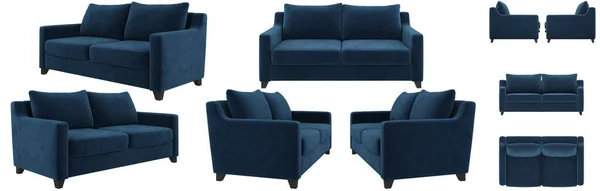 Modern Beautiful Dark Blue Velvet Sofa Several Angles Sofa White — Stock Photo, Image