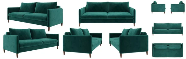 现代漂亮的深绿色天鹅绒沙发 沙发的几个角度在白色的背景上 现实的形象 渲染3D — 图库照片