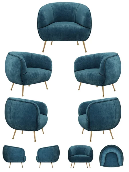 现代时尚精致的圆舒适的椅子 蓝色天鹅绒柔软的椅子从不同的角度 用于设计 横幅的索法投影 — 图库照片