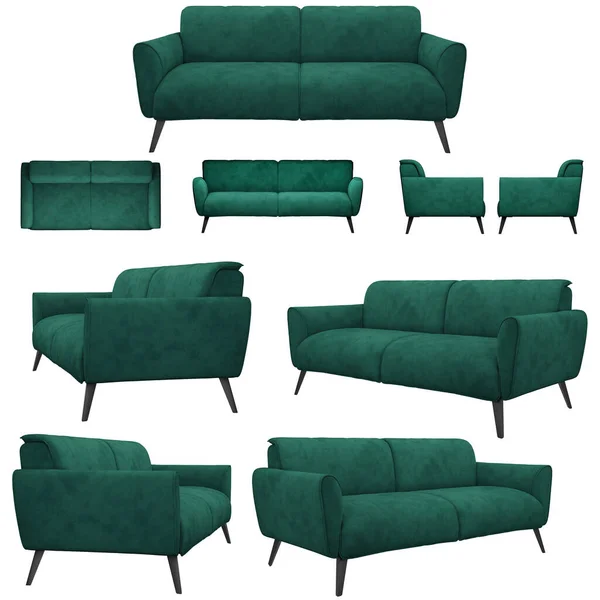 奥斯卡系列的风格别致的三座位绿色沙发有一个原始的设计与圆形扶手 白色背景上沙发的几个角度 — 图库照片