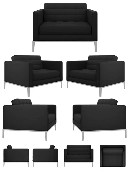 モダンなスタイリッシュな黒の簡単な椅子 アームチェアはファブリックで覆われています 別の角度から柔らかい椅子 デザイン コラージュ バナーのソファ予測 — ストック写真