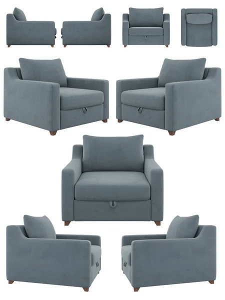 モダンなスタイリッシュなライトグレーの簡単な椅子 ブルー ベロア 別の角度から柔らかい椅子 デザイン コラージュ バナーのソファ予測 — ストック写真