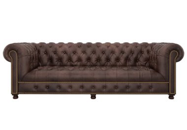 Kaliteli, klasik deri, yorgan kaplı kahverengi kanepe. Farklı açılardan kanepe. Dizayn, kolaj ve afiş için kanepe projeksiyonları. gerçekçi resim