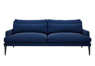 İnce bacaklı modern mavi kanepe. Beyaz bir arkaplanda.
