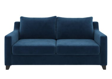 Modern, güzel, koyu mavi kadife sofa. Beyaz arka planda. Gerçekçi bir imaj. 3d Hazırlanıyor.