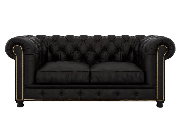 Stilvolles Klassisches Leder Gestepptes Schwarzes Sofa Sofaprojektion Für Design Collage — Stockfoto