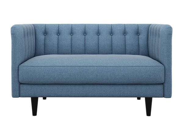 本物の青い小さなソファ クラシックなスタイルのファブリックソファ デザイン コラージュ バナーのソファ投影 — ストック写真