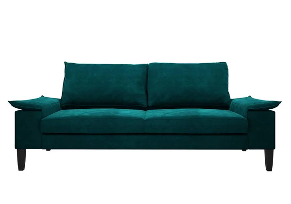 时尚的现代深绿色沙发 有原始的扶手 翡翠天鹅绒沙发在白色的背景上现实的形象 渲染3D — 图库照片