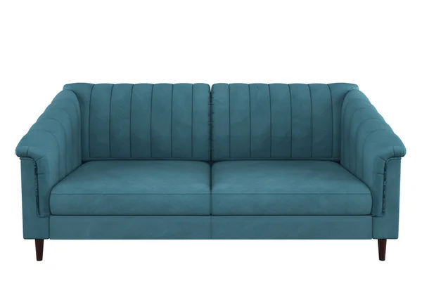 クラシックなモダンなスタイルの足を持つスタイリッシュな美しいソファ 青いベルベットのソファ デザイン コラージュ バナーのソファ予測 現実的なイメージ — ストック写真