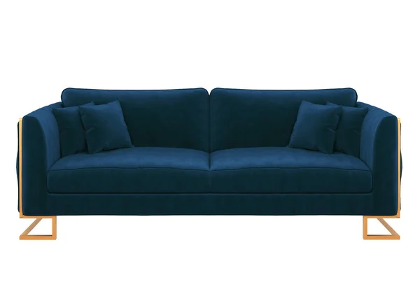 元の長方形の金の足にスタイリッシュな現代的な古典的な青いソファ ベルベットのソファ デザイン コラージュ バナーのソファ予測 現実的なイメージ — ストック写真