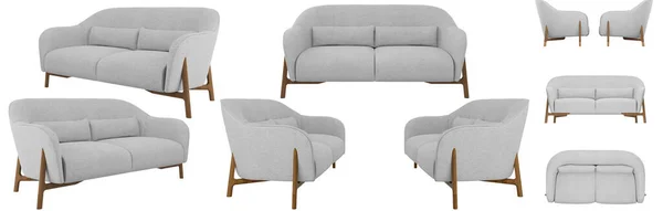 一个用木腿装饰的现代白色面料沙发 家庭或露台用的肥皂 索法来自四面八方 索法投影设计 — 图库照片