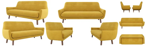 足付きのモダンな丸みを帯びた黄色のファブリックソファ 別の側面からのソファ デザイン コラージュ バナーのソファ投影 — ストック写真